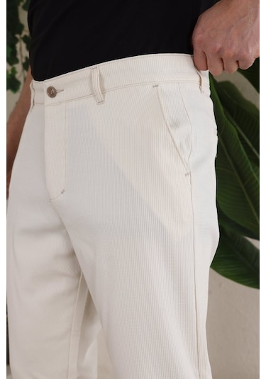 Erkek Casual Slim Fit Cord Desenli Kumaş Pantolon Açık Krem