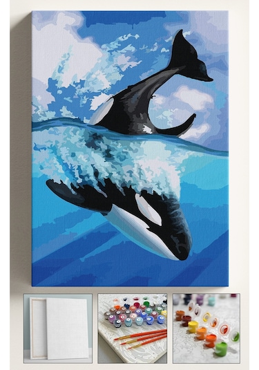 Sayılarla Boyama Çerçeveli Hobi Seti Numaralı Tuval Fırça Boya Dahil Kasnaklı Balina 40x50 Cm