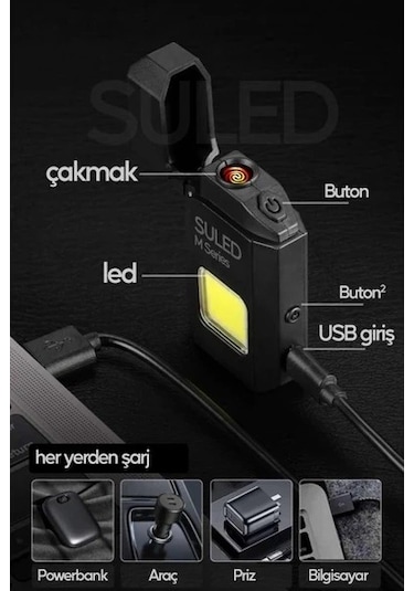 Şarjlı Çakmak Usb Şarjlı Led Fener M Serisi Kamp Çakmağı Cob Led Ce Rüzgardan Etkilenmez Siyah