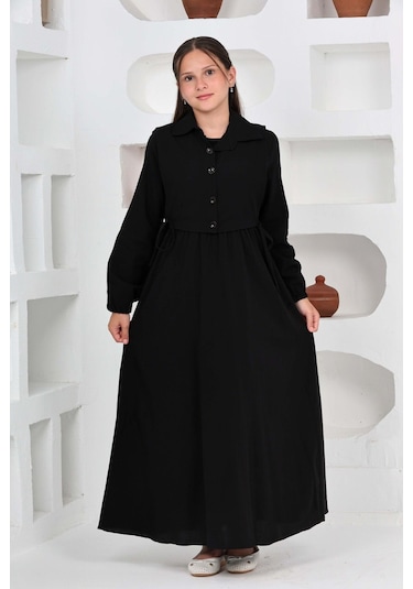 Kız Çocuk Uzun Boy Gofre Kumaş Jile & Elbise İki Parça Takım Astarlı Zarif Set-4948 Siyah