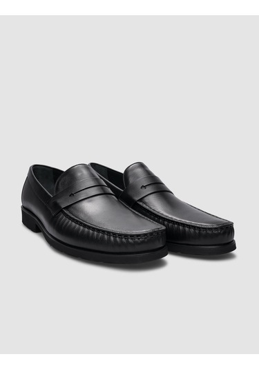 %100 Hakiki Deri Siyah Bağcıksız Erkek Günlük Ayakkabı-siyah Siyah