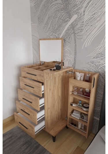 Rose Aynalı Makyaj Masası, Şifonyer, Etijer, Çok Amaçlı Takı Dolabı Atlantik Çam
