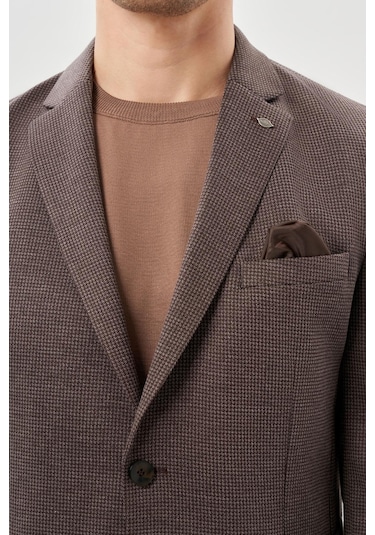 Koyu Kahverengi Kazayağı Desen Örme Mono Yaka 2 Düğme 6 Drop Slim Fit Classic Ceket 1002245166 400 Koyu Kahverengi