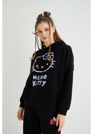 Hello Kitty Lisanslı Baskılı 3d Kapüşonlu Kalın Sweatshirt Renkli