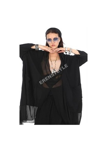 Italyan Büyük Beden Ipek Detaylı Oversize Kaftan & Bluz-9896 Siyah