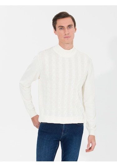 Cacharel Ekru Slim Fit Çeyrek Balıkçı Yaka Triko Kazak Bej