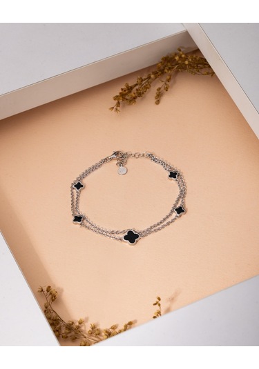 925 Ayar Rodyum Siyah Mineli İki Sıralı Yonca Charm Gümüş Bileklik Gümüş - Rodyum