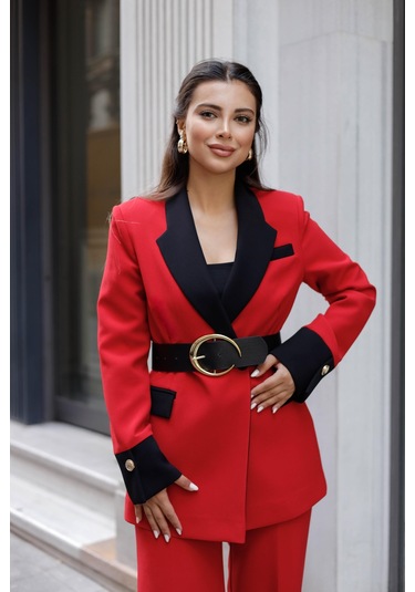 Gold Kemerli Garnili Kruvaze Takım Kırmızı Kırmızı