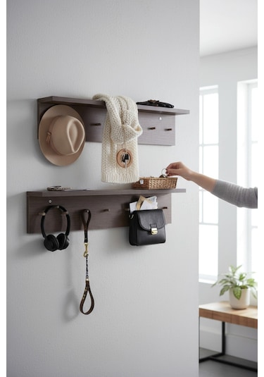 Ahşap Askılık Raflı 70x14 Ve 50x14 Mutfak, Antre, Banyo, Ofis, Mağaza, Çocuk Ve Yatak Odası Ceviz