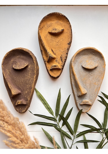 Özel Tasarım El Yapımı Heykel Soyut Yarım Yüz Maske 3'lü Set, Duvar Dekor, Yılbaşı, Noel Hediyesi