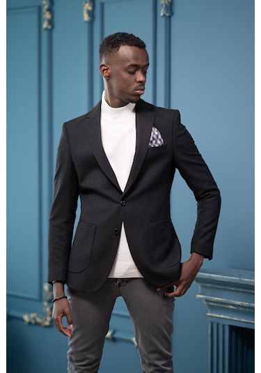 Apartro Regular Fit Mono Yaka Çift Yırtmaç Torba Cep Armürlü Tek Ceket Siyah