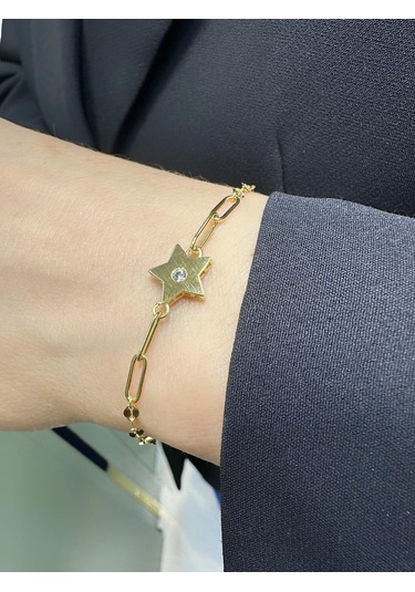 MaGold İtalyan Işıltılı Ataç Tek Taş Yıldız Çok Şık Altın Bileklik Altın Sarı Altın