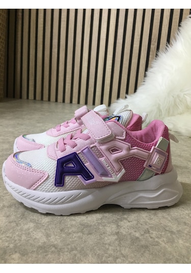 Günlük Unisex Çocuk Sneaker Lastik Bağcıklı Cırtlı Hafif Nefes Alabilen Spor Ayakkabı 080 Pembe - Beyaz 013