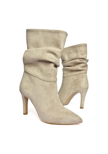 Fox Shoes R404020302 Bej Süet İnce Topuklu Büzgülü Kadın Bot Bej