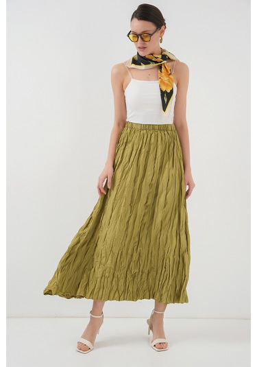 Kadın Uzun Kırışık Etek 8042 - E.yeşil Yeşil