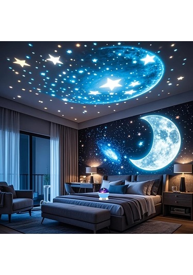 Honeybeeshop 1 Adet Blue Yıldız Ve Ay Gece Lambası Usb Güçlü 360 Döner Taban Yatak Ofis Dekorasyonu Ay Evreleri Modern Astronomi Aydınlatma Hediye Ahşap