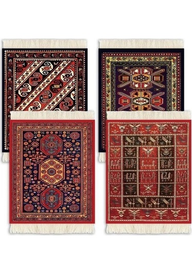 Primepickings 4 Adet Set Halı Altlığı Oryantal Tasarım Halı Içecek Matı Püskül Halı Altlığı Yalıtım Pedi Dal