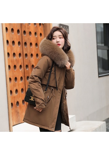 Snapbuy Kalın, Yumuşak Dolgulu, Midi Boy, Kapüşonlu, Kürk Detaylı Kadın Mont Kahve