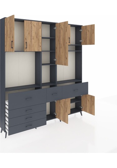 Arges Dolap 10 Raflı 6 Çekmeceli 8 Kapaklı 220x30x243 Antrasit-çam/antrasit Atlas Çam/antrasıt