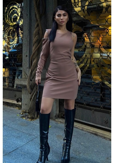 Kadın Vizon Taş Detaylı Dokuma Tek Kol Mini Elbise Vizon