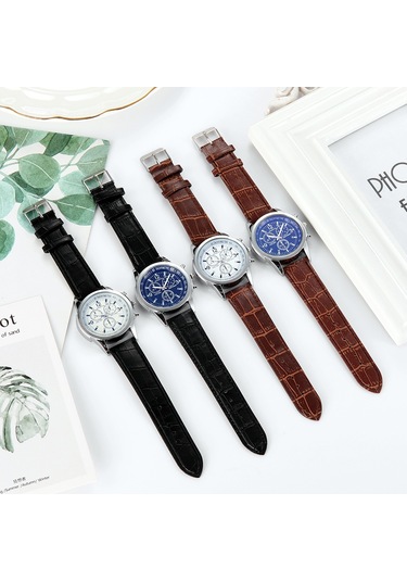 Üç Gözlü Mavi Işık Cam Kemerli Erkek Saati - Beyaz Kadran Siyah Çok Renkli