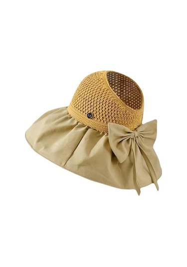 Bayanlar İçin Şık Siyah Tutkallı Boş Üst Güneşlikli Geniş Kenarlı Yüz Koruyucu Şapka Sarı