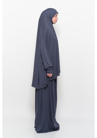 Pratik 2 Parça Pamuklu Yarasa Kollu Başörtülü Tesettür Namaz Elbisesi Füme Antrasit