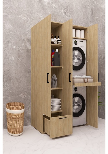 Mdf Çamaşır Makinesi Ve Kurutma Makinesi Dolabı Ütü Masalı Kapaklı Ahşap Lefkas Meşe