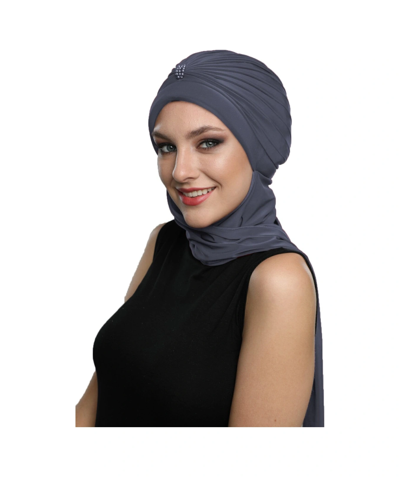 Incili Atkılı El Işi Inci Işlemeli Koyu Gri Hazır Türban Tesettür Bone Koyu Gri