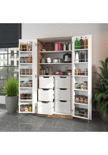 165 Derece Açılabilir 2 Kapaklı, 6 Çekmeceli, Kavanoz Raflı Kiler Ve Erzak Mutfak Dolabı Atlantik Çam Beyaz