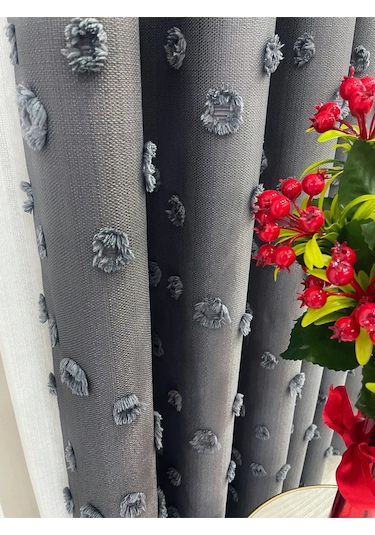 Brillant Carla Puffy Püsküllü Perde İstenilen Tüm Ölçülerde Koyu Gri Koyu Gri