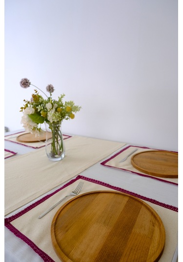 Yakacihome Terra 5 Parça 4 Parça Amerikan Servis & 1 Parça Runner Duck Keten Mürdüm Fisto Dantel Biyeli Set Bordo - Krem