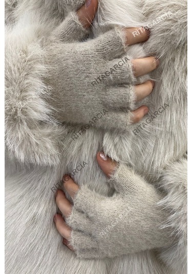 Peluş Kesik Parmak Eldiven Bej