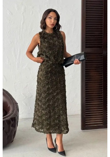 Gül Desenli Tül Etek Haki Yeşili