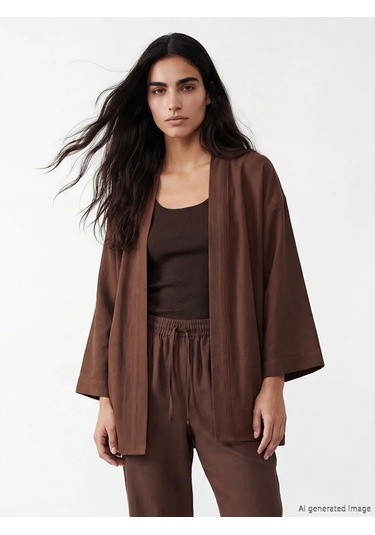Lc Waikiki Kahverengi Şal Yaka Oversize Kadın Kimono