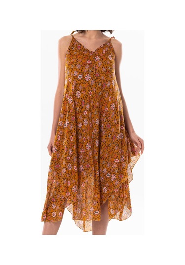 Askılı Vual Afrodit Midi Boy Yazlık Elbise Hardal 6202 - Kadın