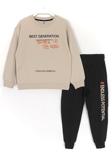 Baskılı Fırçalı Kumaş Uzun Kollu Erkek Çocuk Eşofman Takımı Bej