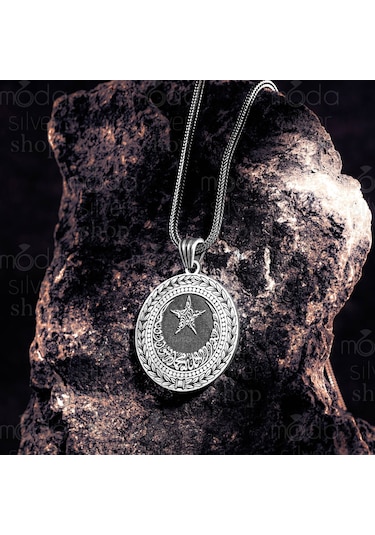 925 Ayar Gümüş Kelime-i Tevhid Yazılı Ayyıldız Tasarım Yuvarlak Erkek Kolye Gümüş
