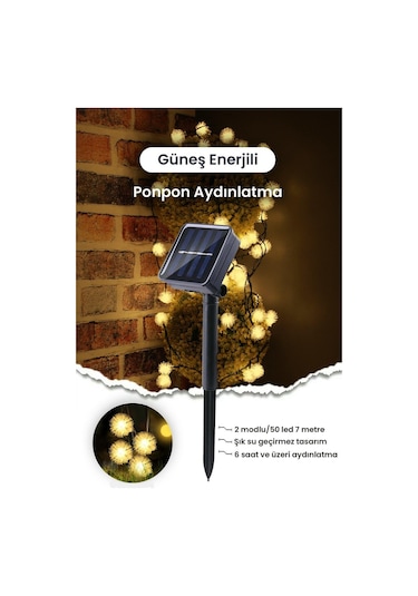 Technosmart Solar 50 Ledli 7 Metre Güneş Enerjili Ponpon Bahçe Ay Çok Renkli