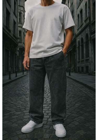 Baggy Siyah Renk Rahat Kesim Erkek Jeans Pantolon-1795 Siyah