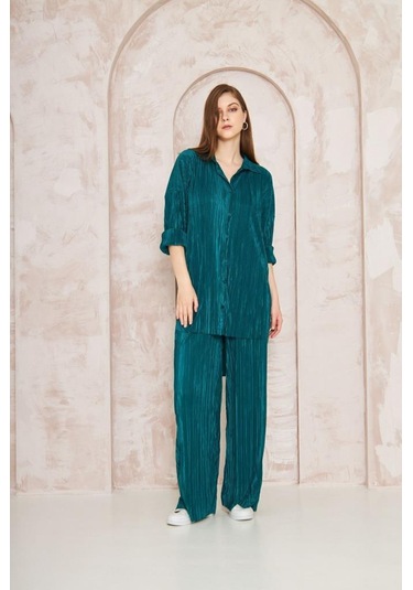 Kadın Pliseli Beli Lastikli Pantolon Tunik Gömlek Ikili Bürümcük Salaş Takım 3573300 Zümrüt