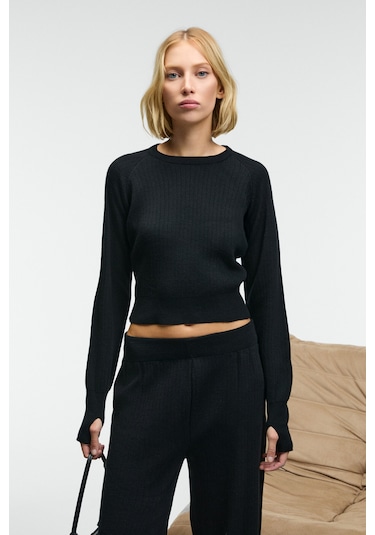 MARIPOSA Kadın Yuvarlak Yaka Çizgi Desenli Crop Geniş Paça Triko Siyah Alt-Üst Takım