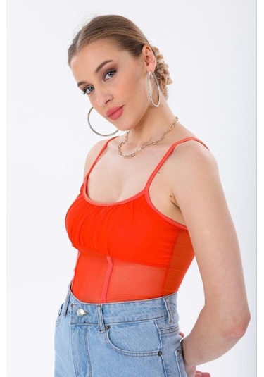 Ceyss Design Astarlı İnce Askılı Tül Crop Büstiyer-nar Çiçeği Narçiçeği