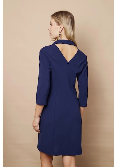 Yakalı Sırt Dekolteli Anvelop Truvakar Kol Likralı Krep Kumaş Düğmeli Ceket Elbise-lacivert Lacivert