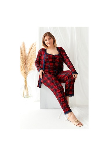 Sabahlıklı Dantel Detaylı Pegasus Kadın Pijama Takımı-çeyizlik Takım- Geniş Beden Aralığı Kırmızı