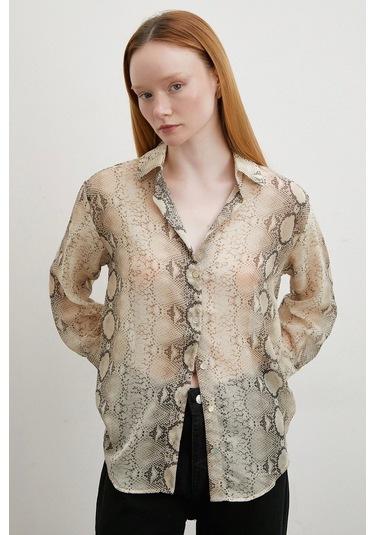 Yılan Derisi Desenli Tül Gömlek Bej Bej