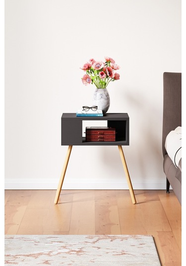 İntergo Ahşap Ayaklı Dekoratif Raflı Komodin Antrasit Gri