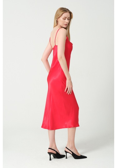 Degaje Döküm Saten Midi Elbise Kırmızı
