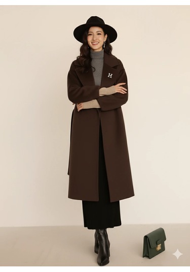 Kadın Siyah Kaşe Uzun Kaban Maksi Boy Palto Geniş Yakalı Düz Kesim Kışlık Kahve