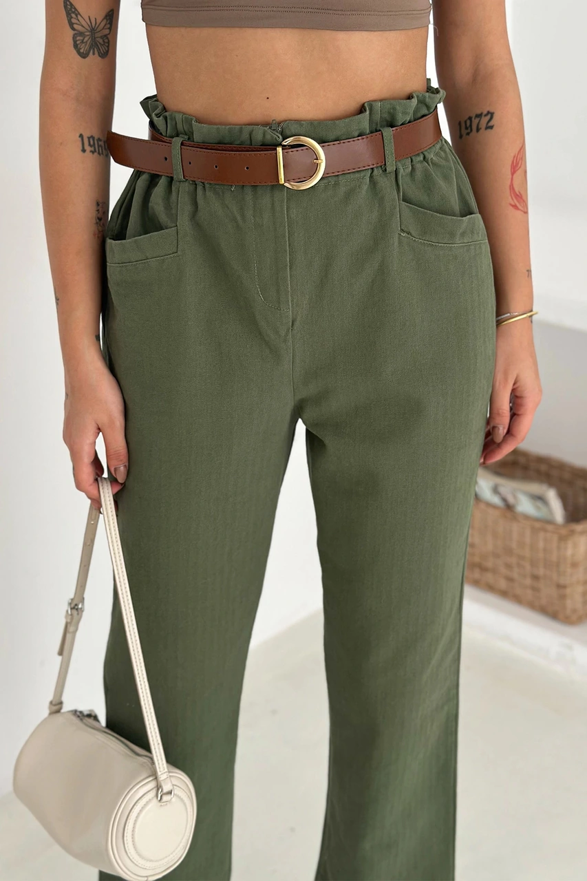 Yıkamalı Pamuk Yağmur Gabardin Yüksek Bel Pantolon Haki Haki